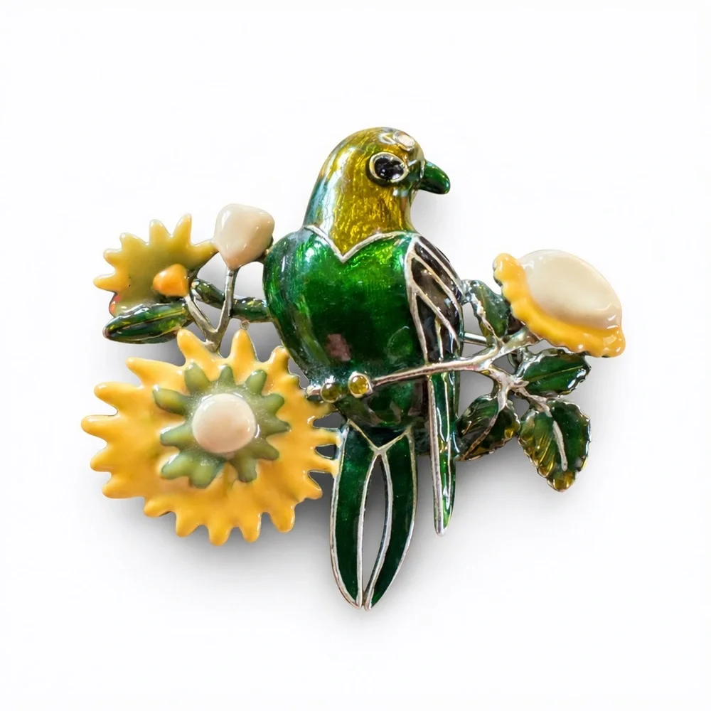 Vintage Enamel‎ Bird & Flower Brooch – Green Parrot Floral Mid Century